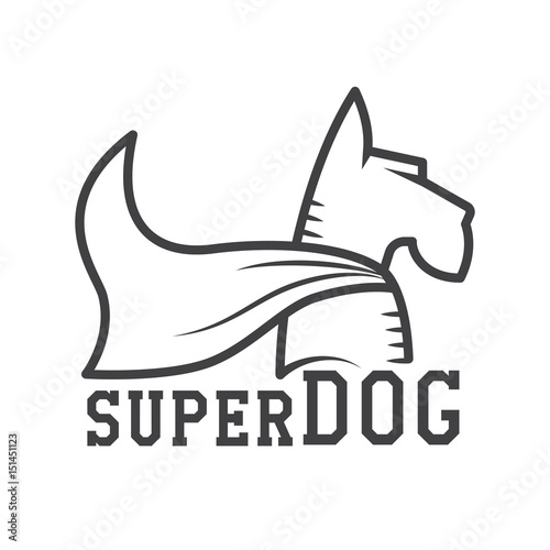 Superdog logo or label template. Super dog hero in heroic cape logotype in line design. Scotch terrier in cloak.