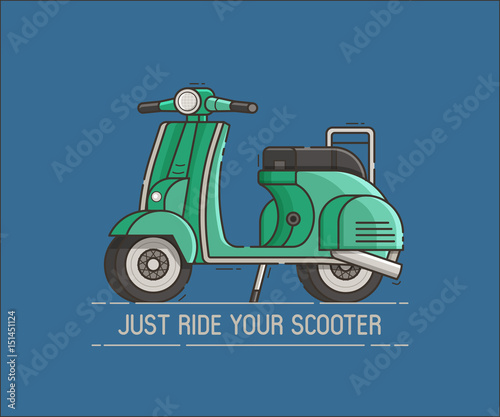 Green scooter standing. Cartoon motor bike on the road vector illustration. Parked motorcycle and motivation text. Retro motorbike in flat design.