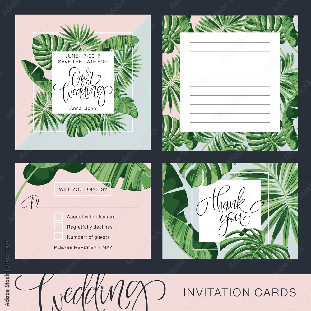 Wedding Invitation Card. Tropical Background. Banana. Save the Date. Vector Template. RSVP.