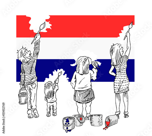 Gezin schildert vlag in nationale kleur van Nederland