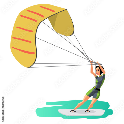 Woman drive at kite surfing. Girl windsurfing on water surface w