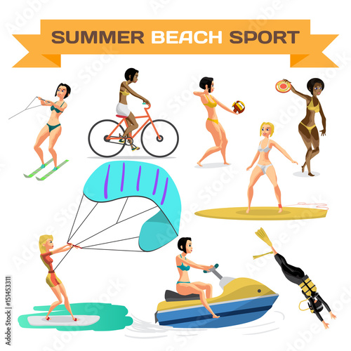 Set of summer beach sports. Women are engaged in volleyball, div