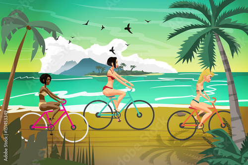 Young women rides bike on summer beach at sunset. Vector flat il