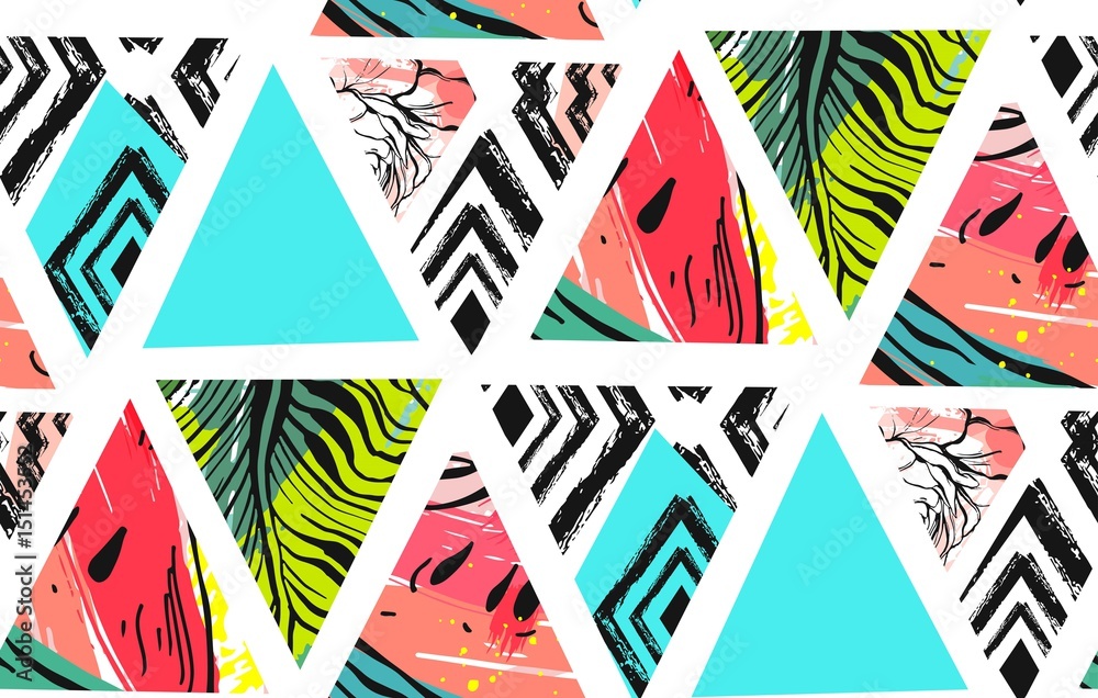 Hand drawn vector abstract summer time collage seamless pattern with watermelon,aztec and tropical palm leaves motif isolated.Unusual decoration for wedding,birthday,fashion fabric,save the date. - obrazy, fototapety, plakaty 