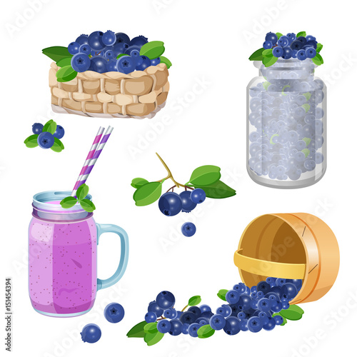 Wooden underlying basket with blueberries realistic vector illustration