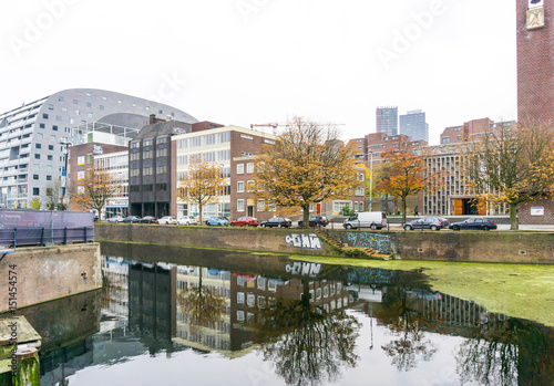 ROTTERDAM, Netherlands - November 12, 2017 : Street view of Rotterdam City Netherlands. back to 1270 when a dam was constructed in the Rotte river by people settled around it for safety.