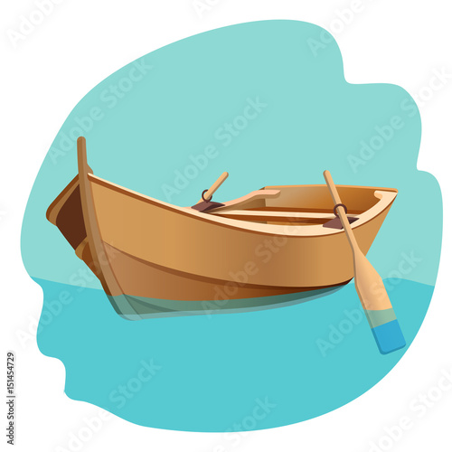 Wooden boat with oars vector illustration isolated on white.