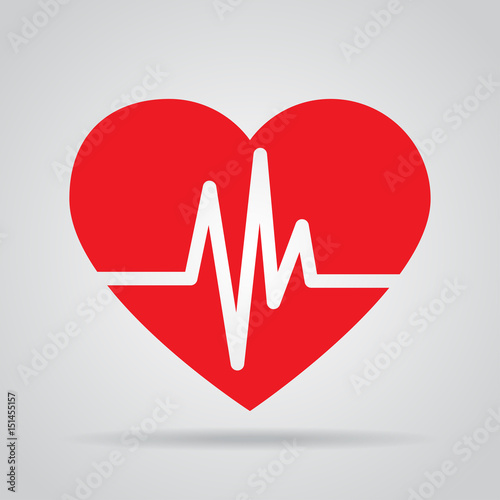 Red heart icon with sign heartbeat. Vector illustration. Heart in flat outline style.