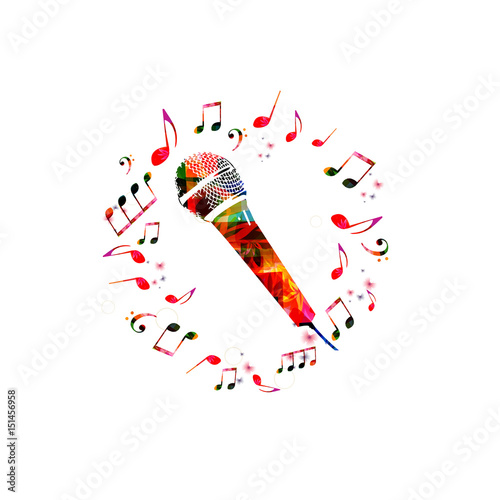 Music background with microphone. Colorful microphone with music notes isolated vector illustration