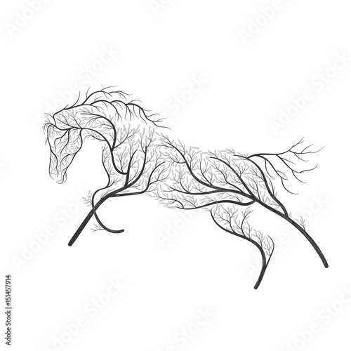 Concept horse jumping stylized bush for use  on cards, in printing, posters, invitations, web design and other purposes.
