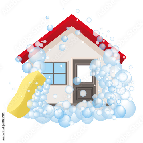 Conceptual logo and the poster for cleaning. The house in foam. Isolated sign cleaning service on a white background. Vector