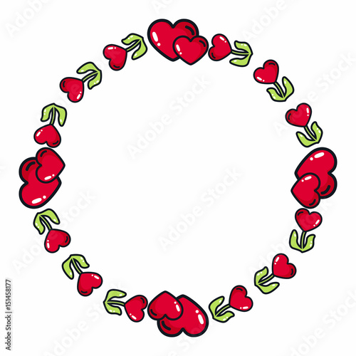 Round frame of flowers and hearts. Simple decor of floral elements in a flat style.