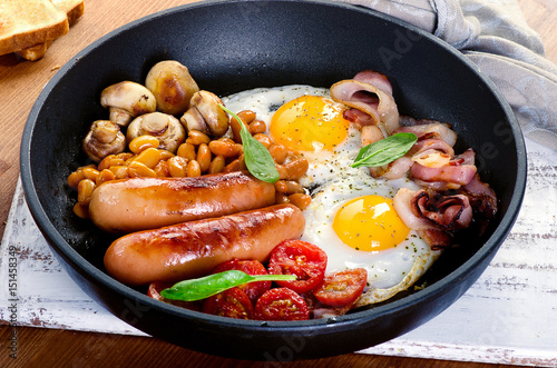 Full English breakfast with fried eggs