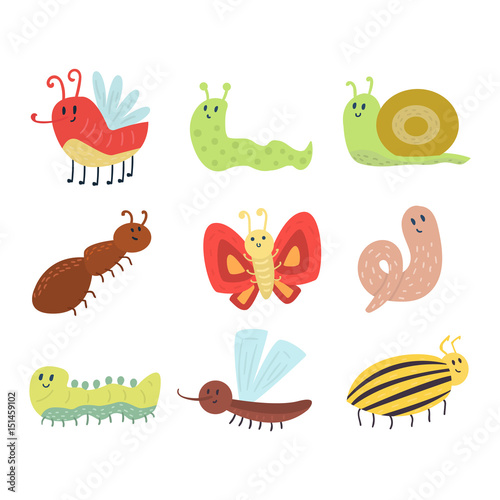 Colorful insects icons isolated wildlife wing detail summer worm caterpillar ...