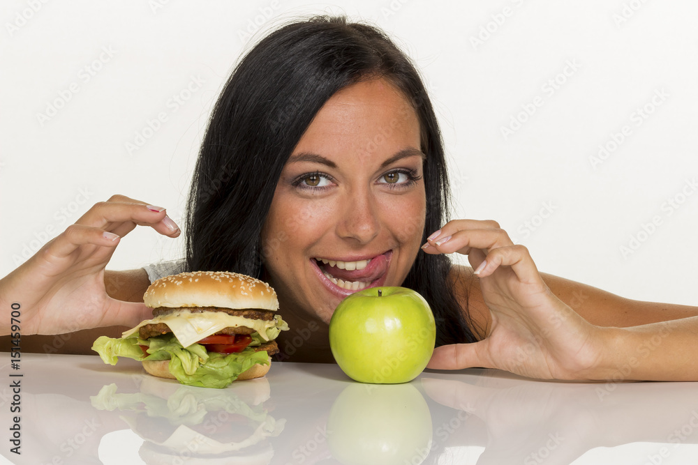 choosing between hamburger and apple choosing between hamburger and apple