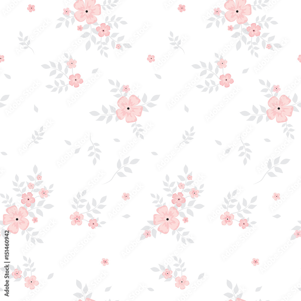 Drawing In A Small Pink Flower With Gray Leaves On A White Background Colored Seamless Background For Textile Fabric Cotton Fabric Cover Wallpaper Stamp Gift Wrapping And Scrapbooking Stock Vector Adobe