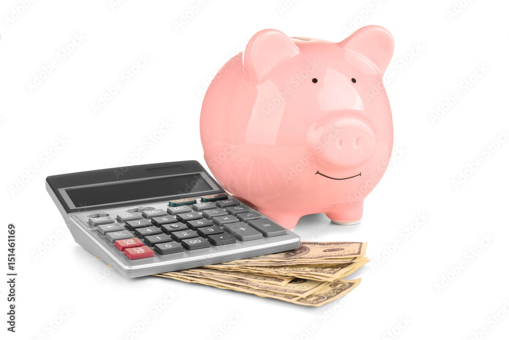 Fototapeta premium Piggy bank, banknotes and calculator on white background