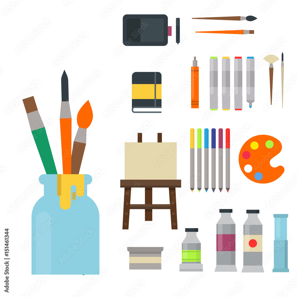 Painting art tools palette icon set flat vector illustration details stationery creative paint equipment.