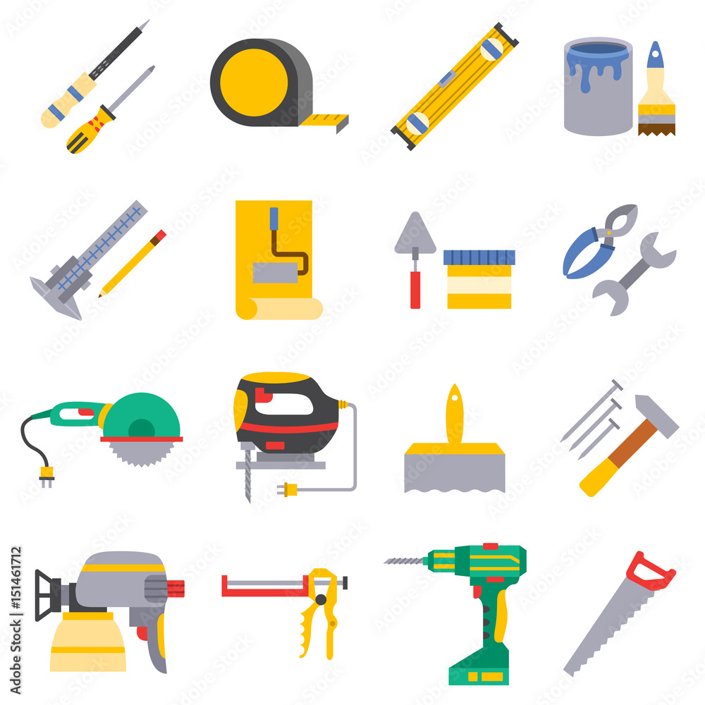 Vector various color flat design house repair instruments equipment icons construction house tools.