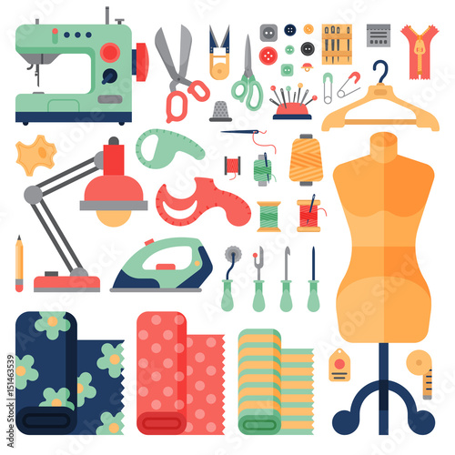 Thread supplies hobby accessories sewing equipment tailoring fashion pin craft needlework vector illustration.