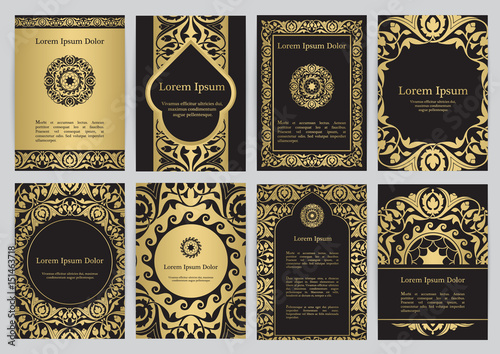 Vector templates with florals in black, gold colors.
