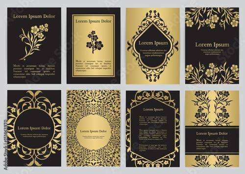 Vector templates with florals in black, gold colors.