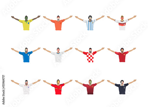 Soccer players from various countries celebrating success