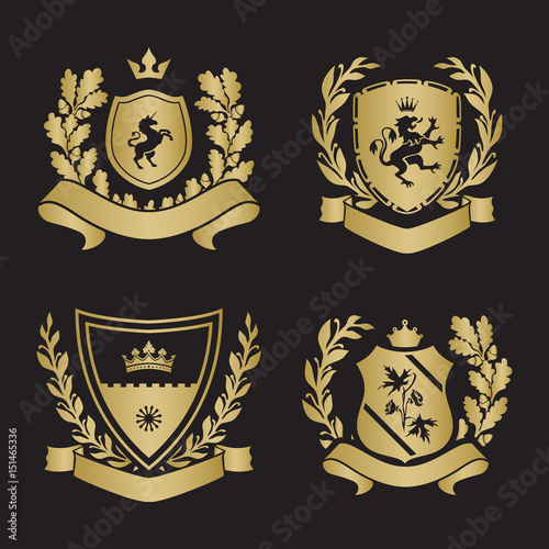 Coats of arms - shields with crown, unicorn, laurel wreath at the sides.