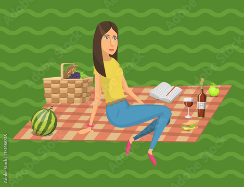 Picnic setting with red wine glasses picnic hamper basket. Barbecue resting woman vector character
