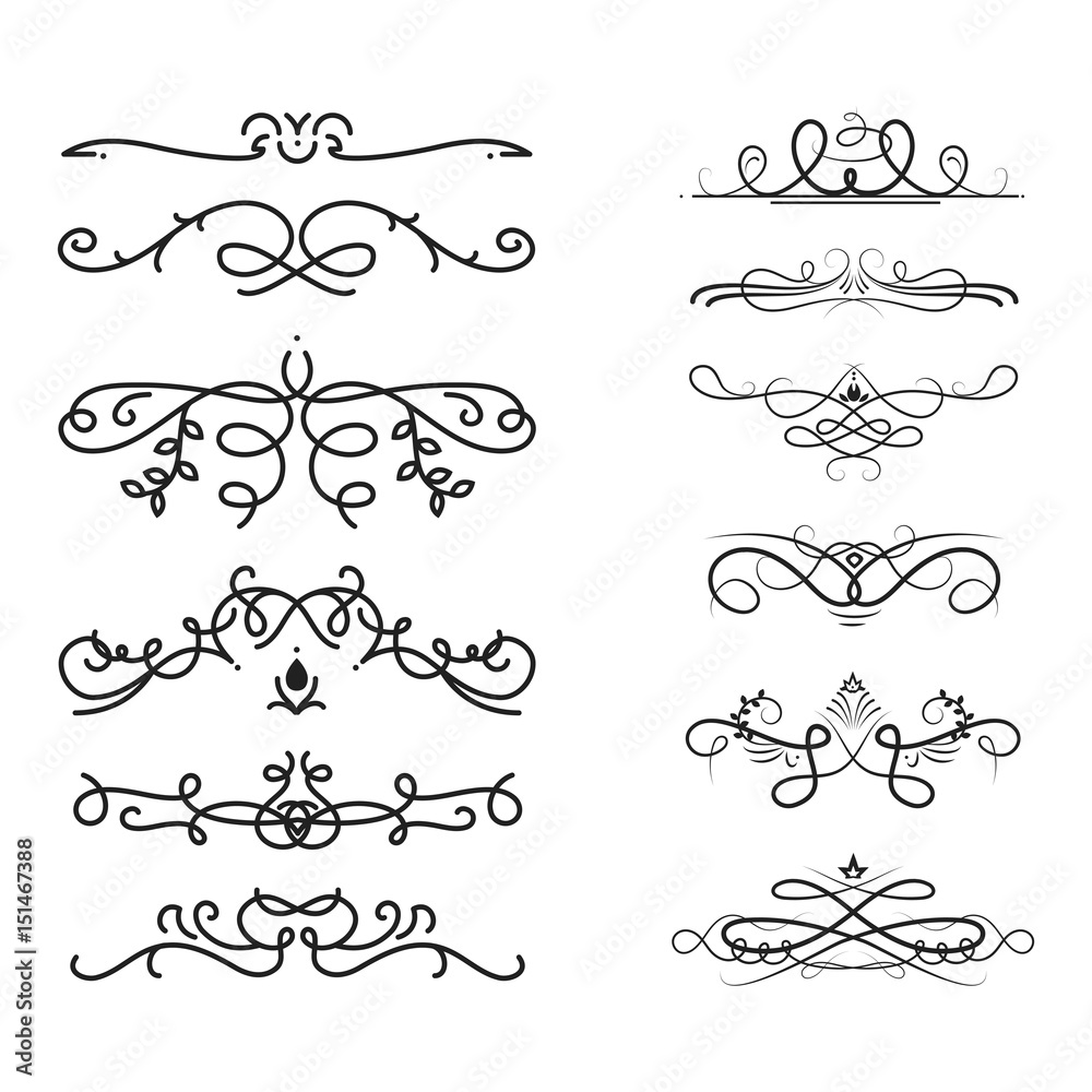 Collection of vector dividers calligraphic style vintage border frame design decorative illustration.