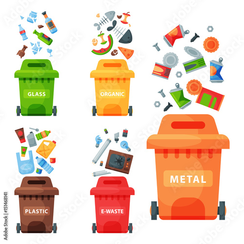 Recycling garbage elements trash bags tires management industry utilize waste can vector illustration.
