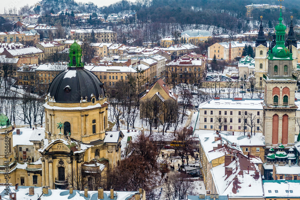 Winter panorama view from the Town Hall in Lviv, Ukraine.