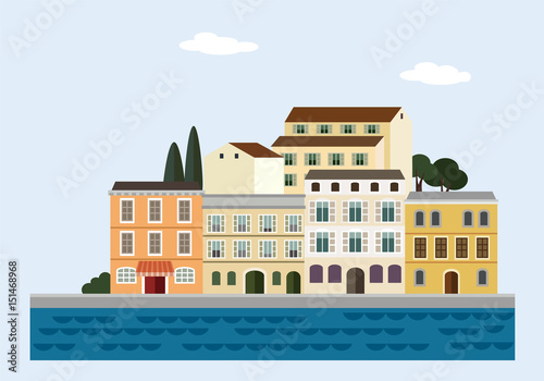 Mediterranean landscape by sea. Italian or Croatian town with colorful old houses. Flat design. Vector illustration.