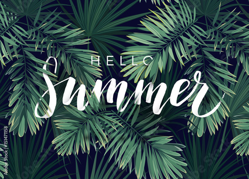 Summer tropical vector calligraphy design with exotic dark green palm leaves on the background.