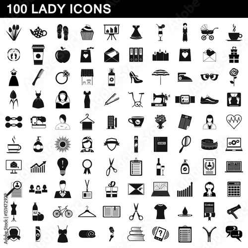 100 lady icons set, simple style