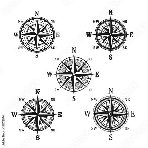 Vector icons of marine nautical navigation compass