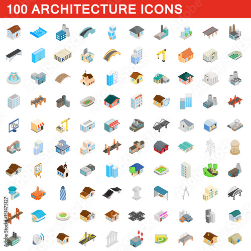 100 architecture icons set, isometric 3d style