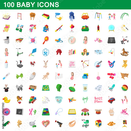 100 baby icons set, cartoon style