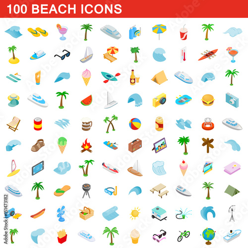 100 beach icons set, isometric 3d style