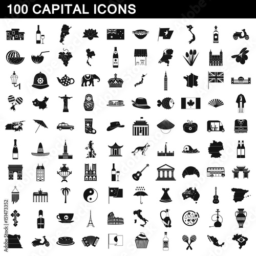 100 capital icons set, simple style