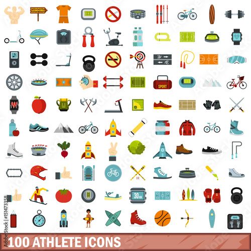 100 athlete icons set, flat style