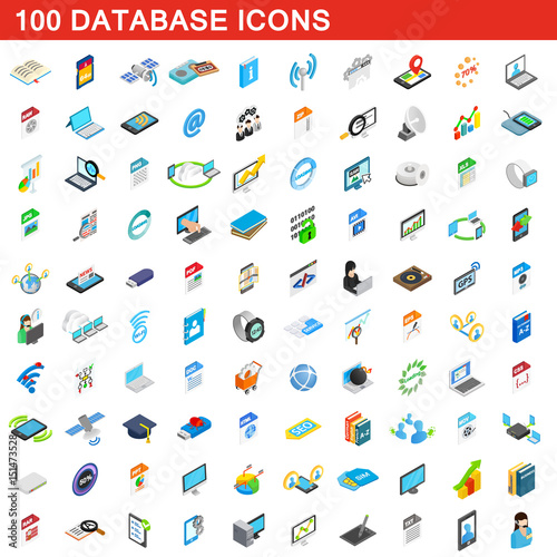 100 database icons set, isometric 3d style
