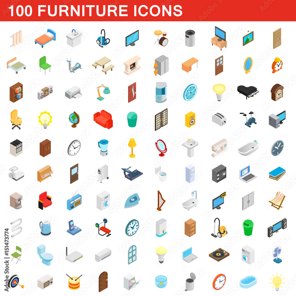 100 furniture icons set, isometric 3d style 100 furniture icons set, isometric 3d style