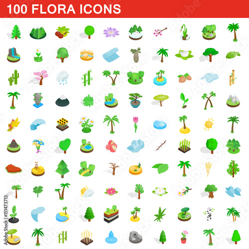 100 flora icons set, isometric 3d style