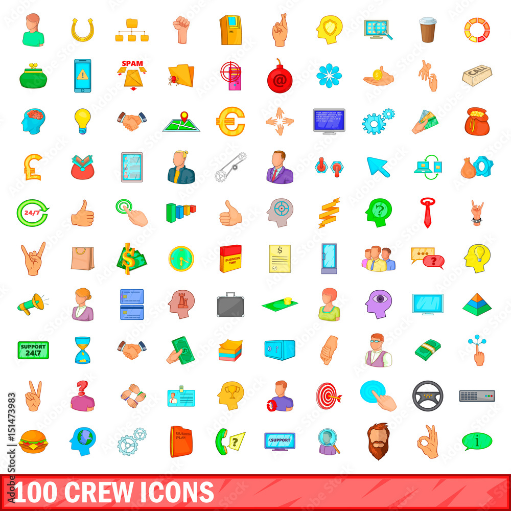 100 crew icons set, cartoon style 100 crew icons set, cartoon style