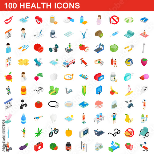 100 health icons set, isometric 3d style