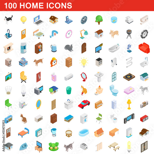 100 home icons set, isometric 3d style
