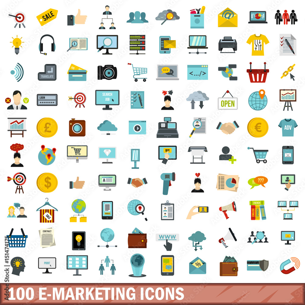 100 e-marketing icons set, flat style 100 e-marketing icons set, flat style