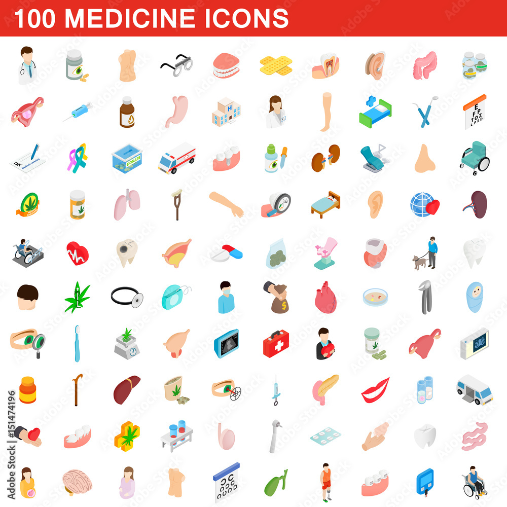 100 medicine icons set, isometric 3d style