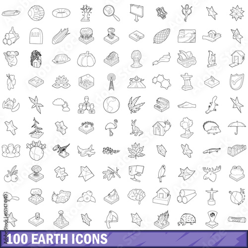 100 earth icons set  outline style